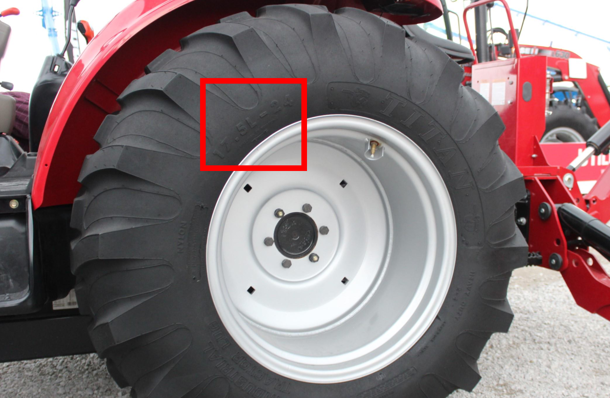 Close-up of a 17.5L-24 tire to demonstrate how to read ag tire size imprints.