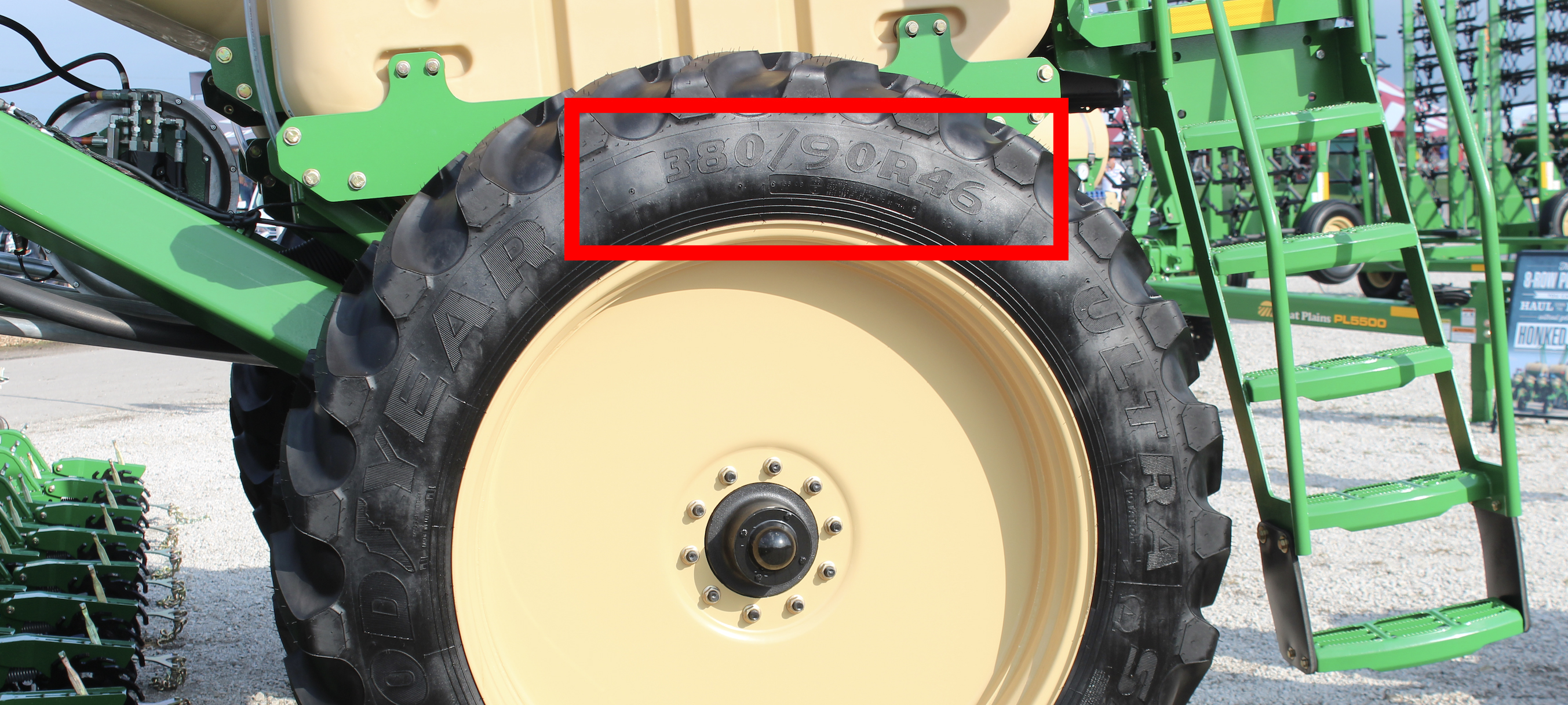 Close-up of a Goodyear UltraSprayer sidewall — 380/90R46 tire to demonstrate how to read ag tire size imprints.